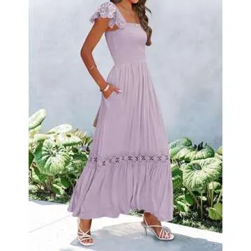ZESICA Women's 2024 Summer Lace Strap Sleeveless Square Neck Smocked High Waist Ruffle Hollow Out Flowy A Line Maxi Dress,Lightpurple,Small