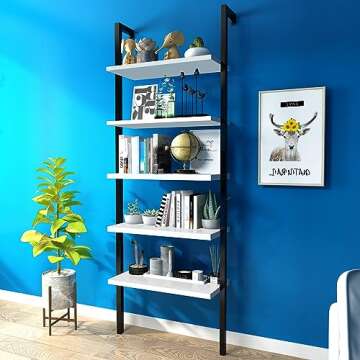 Hooseng Open Wall Mount Bookcase, Modern 5-Shelf Ladder Shelf w/Industrial Metal + Manufactured Wood Storage Organizer, Plant Display Rack, Stand Bookshelf for Home Office (Black/White)