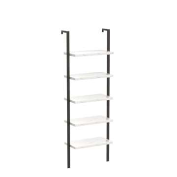 Hooseng Open Wall Mount Bookcase, Modern 5-Shelf Ladder Shelf w/Industrial Metal + Manufactured Wood Storage Organizer, Plant Display Rack, Stand Bookshelf for Home Office (Black/White)