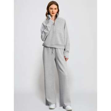 Casly Lamiit Women's Grey Medium Tracksuit 2 Piece Lounge Set Half Zip Sweatshirt Wide Leg Sweatpants Athleisure Wear Travel Clothes Set Sweatsuit Light Grey M