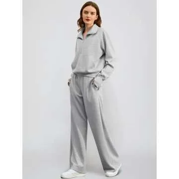 Casly Lamiit Women's Grey Medium Tracksuit 2 Piece Lounge Set Half Zip Sweatshirt Wide Leg Sweatpants Athleisure Wear Travel Clothes Set Sweatsuit Light Grey M