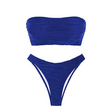 ZAFUL Women Strapless Textured Bandeau Bikini - Cheeky Swimwear in Royal Blue