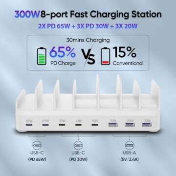 300W Charging Station for Multiple Devices, 8 Port USB C Charging Station Fast Charge for MacBook iPhone 15 Phone iPad Tablets (6 Mixed Short Cables Included) White