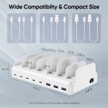 300W Charging Station for Multiple Devices, 8 Port USB C Charging Station Fast Charge for MacBook iPhone 15 Phone iPad Tablets (6 Mixed Short Cables Included) White