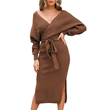Viottiset Women's Long Batwing Sleeve Sexy V Neck Midi Wrap Bodycon Sweater Dress Cocktail Brown Med...