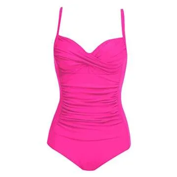 Ekouaer Women's One Piece Swimsuit Ruched Tummy Control Bathing Suits Vintage Retro Push Up Swimwear Rose Red XXLarge