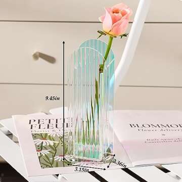 Fixwal Acrylic Flowers Vase for Home Decor, Rectangular Iridescent Clear Vase 9.4x3.1 Inches Aesthetic Room Decor, Clear Boho Style Artistic Transparent Vase, Wedding, Bedroom or Office Decorations
