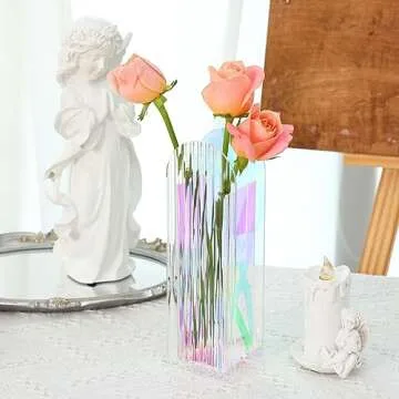Fixwal Acrylic Flowers Vase for Home Decor, Rectangular Iridescent Clear Vase 9.4x3.1 Inches Aesthetic Room Decor, Clear Boho Style Artistic Transparent Vase, Wedding, Bedroom or Office Decorations