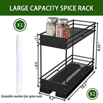 2-Pack Pull Out Spice Rack Organizer for Cabinet - 2 Tier & Durable Spice Cabinet Organizers with Erasable marker, Double Chrome and Rustproof Shelves, 4.2''Wx10.2''Dx8.25''H