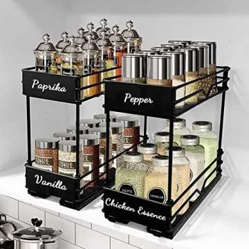 2-Pack Pull Out Spice Rack Organizer for Cabinet - 2 Tier & Durable Spice Cabinet Organizers with Erasable marker, Double Chrome and Rustproof Shelves, 4.2''Wx10.2''Dx8.25''H