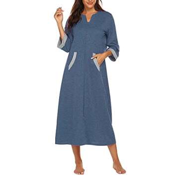 Ekouaer Women Zipper Robe 3/4 Sleeves Loungewear Dress Full Length Sleepwear Pockets Housecoat Night...
