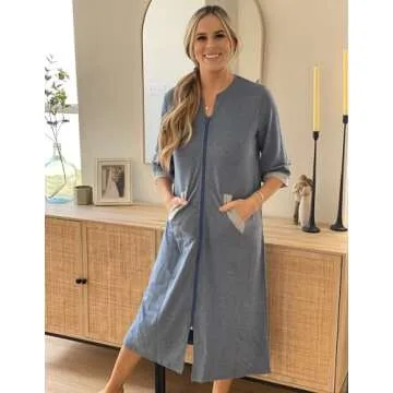 Ekouaer Women Zipper Robe 3/4 Sleeves Loungewear Dress Full Length Sleepwear Pockets Housecoat Nightgown Long Bathrobe