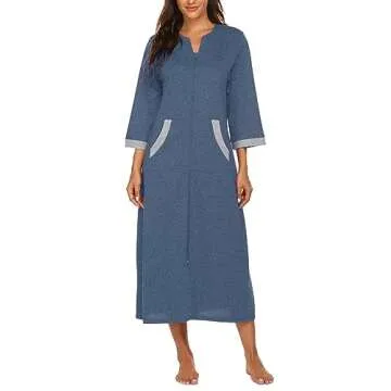 Ekouaer Women Zipper Robe 3/4 Sleeves Loungewear Dress Full Length Sleepwear Pockets Housecoat Nightgown Long Bathrobe