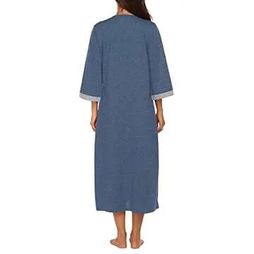 Ekouaer Women Zipper Robe 3/4 Sleeves Loungewear Dress Full Length Sleepwear Pockets Housecoat Nightgown Long Bathrobe