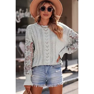 AlvaQ Lace Sweaters for Women Knit Lantern Sleeve Pullover Crewneck Jumper Tops Fashion 2023 Grey Large