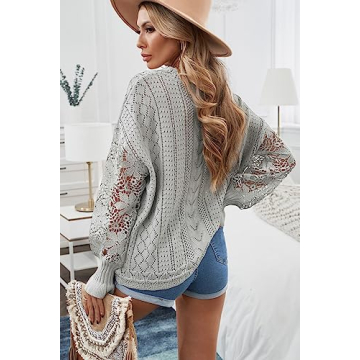 AlvaQ Lace Sweaters for Women Knit Lantern Sleeve Pullover Crewneck Jumper Tops Fashion 2023 Grey Large