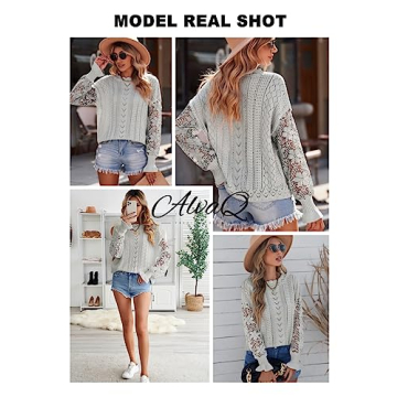 AlvaQ Lace Sweaters for Women Knit Lantern Sleeve Pullover Crewneck Jumper Tops Fashion 2023 Grey Large