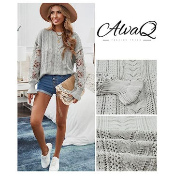 AlvaQ Lace Sweaters for Women Knit Lantern Sleeve Pullover Crewneck Jumper Tops Fashion 2023 Grey Large