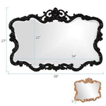 Howard Elliott Antiqued Talida Mirror, Ornate Mirror for Wall Focal Point, Rectangular Vanity Bedroom Wall Mounted Mirror,Resin Frame, Glossy Black, 27 Inch x 38 Inch x 1 Inch
