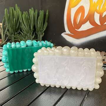 SharPlus Acrylic Beaded Pearl Clutch Purse for Women, Handmade Marble Evening Bag Handbag for Prom Party Bridal Wedding (White)