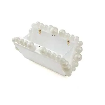 SharPlus Acrylic Beaded Pearl Clutch Purse for Women, Handmade Marble Evening Bag Handbag for Prom Party Bridal Wedding (White)
