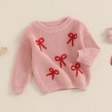 Baby Girl Chunky Knit Sweater Long Sleeve Crewneck Embroidery Sweatshirt Toddler Pullover Tops Warm Clothes (Embroidered Bowknot-Pink, 18-24 Months)