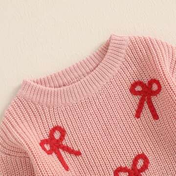 Baby Girl Chunky Knit Sweater Long Sleeve Crewneck Embroidery Sweatshirt Toddler Pullover Tops Warm Clothes (Embroidered Bowknot-Pink, 18-24 Months)