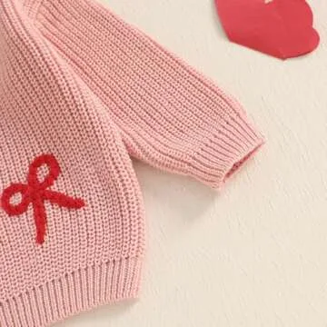 Baby Girl Chunky Knit Sweater Long Sleeve Crewneck Embroidery Sweatshirt Toddler Pullover Tops Warm Clothes (Embroidered Bowknot-Pink, 18-24 Months)