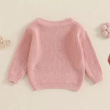 Baby Girl Chunky Knit Sweater Long Sleeve Crewneck Embroidery Sweatshirt Toddler Pullover Tops Warm Clothes (Embroidered Bowknot-Pink, 18-24 Months)