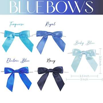 AIMUDI 5 Colors Blue Twist Tie Bows 3.5" Premade Satin Ribbon Bows for Gift Wrapping Pre-Tied Blue B...