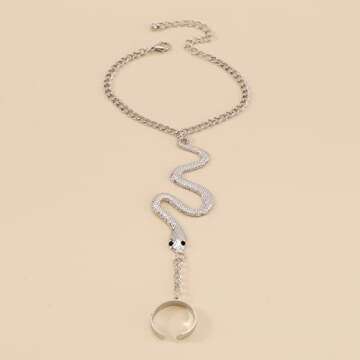 Jumwrit Hand Chain Bracelet Boho Snake Finger Ring Bracelet Slave Chain Hand Harness Bracelet Dainty Bracelet with Open Band Ring for Women(Silver)