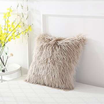 OJIA Deluxe Home Decorative Super Soft Plush Mongolian Faux Fur Throw Pillow Cover Cushion Case (18 x 18 Inch, Light Coffee)