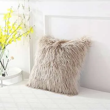 OJIA Deluxe Home Decorative Super Soft Plush Mongolian Faux Fur Throw Pillow Cover Cushion Case (18 x 18 Inch, Light Coffee)