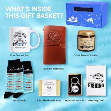 Gifts Set for Men,Dad Gift Box from Son Daughter,Fishing Fisherman Gifts for Father's Day Birthday Cool Funny Basket Present Friend with Ceramic Coffee Wine Mug Cup, Notebook, Scented Candle