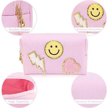 dark swan Preppy Makeup Bag Pu Leather Portable Waterproof Cosmetic Bag Travel Makeup Bag Organizer Travel Accessories Makeup Bag for Women Pink