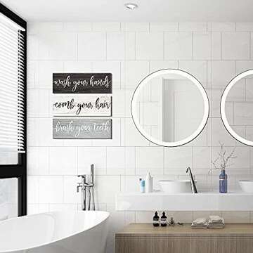 Creoate Bathroom Rules Wall Decor, Set of 3 - Wash Your Hands, Brush Your Teeth, Comb Your Hair - Decorative Rustic Wood Farmhouse Bathroom Wall Decor, Small
