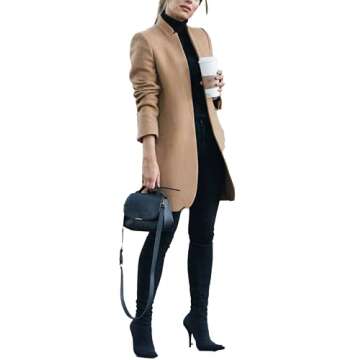Omoone Women's Basic Stand Collar Slim Fit Jacket Pea Coat Notched Lapel Trench Coat