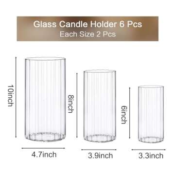 PHOSPHOR 6 PCS Ribbed Glass Candle Holders - Cylinder Centerpieces in 3 Sizes