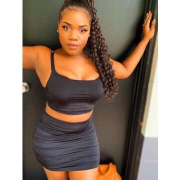 BEAGIMEG Women's Ruched Cami Crop Top Bodycon Skirt 2 Piece Outfits Dress Black