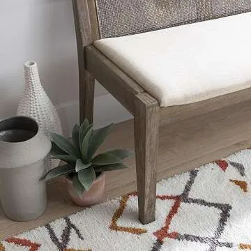 Powell Kasi Brown Low Back Cane Bench with Beige Upholstered Seat