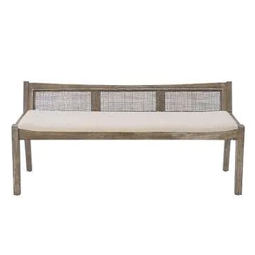 Powell Kasi Brown Low Back Cane Bench with Beige Upholstered Seat