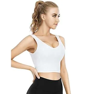 TASADA V-Neck Sports Bras for Women - Longline Padded Yoga Bra Running Workout Crop Tank Tops White, X-Large