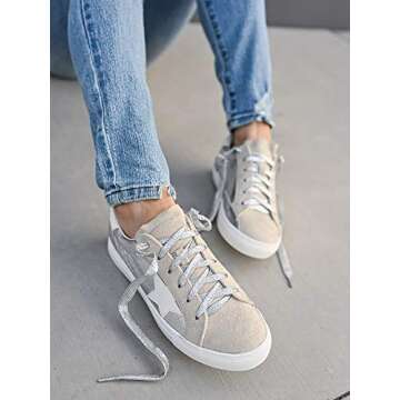 Womens Star Sneakers Fashion Platform Glitter Sparkle Slip On Lace Up Flats Shoes Silver
