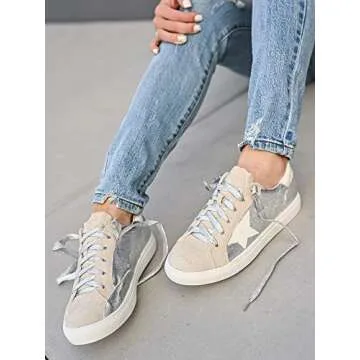 Womens Star Sneakers Fashion Platform Glitter Sparkle Slip On Lace Up Flats Shoes Silver