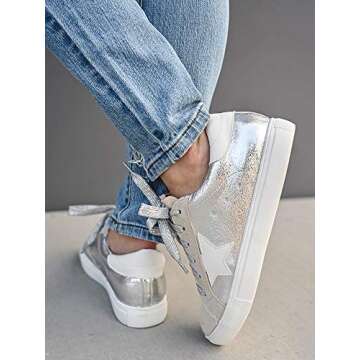 Womens Star Sneakers Fashion Platform Glitter Sparkle Slip On Lace Up Flats Shoes Silver