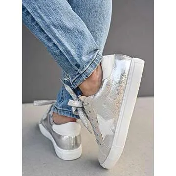 Womens Star Sneakers Fashion Platform Glitter Sparkle Slip On Lace Up Flats Shoes Silver
