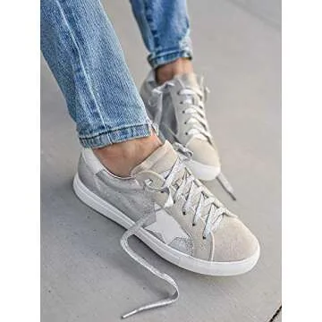 Womens Star Sneakers Fashion Platform Glitter Sparkle Slip On Lace Up Flats Shoes Silver