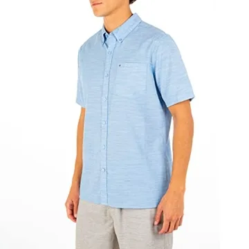 Hurley Men's One and Only Textured Short Sleeve Button Up, blue ox, XL