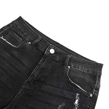 THUNDER STAR Women Mid Rise Ripped Stretchy Jeans Shorts Frayed Raw Hem Casual Denim Shorts Black L