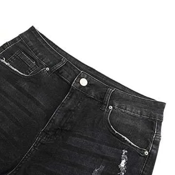 THUNDER STAR Women Mid Rise Ripped Stretchy Jeans Shorts Frayed Raw Hem Casual Denim Shorts Black L